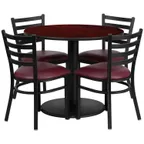 image of Flash Furniture RSRB1006-GG 36" Round Table & 4 Chair Set, Mahogany Finish, Burgundy Vinyl Chairs, Black Powder Coated Frame