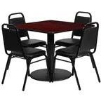 image of Flash Furniture RSRB1010-GG 36x36 Table & 4 Banquet Chairs Set, 500 lb, Black Vinyl, Mahogany Finish, MDF Table Top