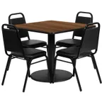 image of Flash Furniture RSRB1012-GG 36x36 Square Table & 4 Banquet Chairs Set, 500 lb, Walnut Finish, Black Vinyl