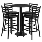 image of Flash Furniture RSRB1021-GG 30" Round Table & 4 Bar Stool Set, Black Laminate, Metal Ladder Back, Vinyl Upholstered