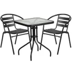 image of Flash Furniture TLH-0731SQ-017CBK2-GG 23" Square Table & 2 Stacking Armchairs, Black Powder Coated Metal, 28"H