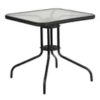 image of Flash Furniture TLH-073R-BK-GG Square Patio Table, 28x28x28, Glass Top, Black Rattan Edge, Metal Base