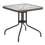 image of Flash Furniture TLH-073R-DK-BN-GG 28x28 Square Outdoor Patio Table, 5mm Glass Top, Dark Brown Rattan Edge, Metal Base
