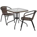 image of Flash Furniture TLH-073SQ-037BN2-GG 28" Square Table & 2 Chair Set, Dark Brown Rattan, Black Metal, Glass Top