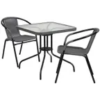 image of Flash Furniture TLH-073SQ-037GY2-GG 28" Square Table & 2 Chair Set, Gray Rattan, Black Metal Frame