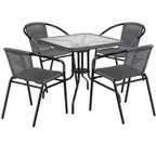 image of Flash Furniture TLH-073SQ-037GY4-GG 28" Square Table & 4 Chair Set, Gray Rattan, Black Powder Coated