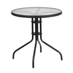 image of Flash Furniture TLH-087-BK-GG Round Outdoor Patio Table, 28" dia., Black Rattan Edge, Glass Top, Black Metal Base