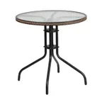 image of Flash Furniture TLH-087-DK-BN-GG 28in Round Outdoor Patio Table, Glass Top, Dark Brown Rattan Edge, Black Metal Base