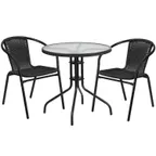 image of Flash Furniture TLH-087RD-037BK2-GG Round Table & Chair Set, 28" Dia, Black Rattan, 2 Chairs, Outdoor