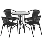 image of Flash Furniture TLH-087RD-037BK4-GG 28" Round Table & 4 Chair Set, Black Rattan, Powder Coat Metal