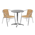 image of Flash Furniture TLH-ALUM-24RD-020BGECHR2-GG 23" Round Table & 2 Stacking Chairs Set, Aluminum Frame, Beige Rattan