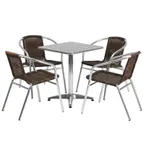 image of Flash Furniture TLH-ALUM-24SQ-020CHR4-GG 23" Square Table Set with 4 Stacking Chairs, Aluminum Frame, Dark Brown Rattan