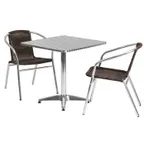 image of Flash Furniture TLH-ALUM-28SQ-020CHR2-GG 27" Square Table & 2 Stacking Chairs Set, Aluminum Frame, Dark Brown Rattan