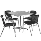 image of Flash Furniture TLH-ALUM-32SQ-020BKCHR4-GG 31 Square Table & 4 Stacking Chairs Set, Aluminum Frame, Black Rattan, 27 Height
