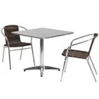image of Flash Furniture TLH-ALUM-32SQ-020CHR2-GG 31 Square Table & 2 Stacking Chairs Set, Aluminum Frame, Dark Brown Rattan, 27H