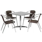 image of Flash Furniture TLH-ALUM-32SQ-020CHR4-GG 31 Square Table Set with 4 Stacking Chairs, Aluminum Frame, Dark Brown Rattan, 27 Height