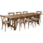 image of Flash Furniture XA-FARM-14-GG Hercules Series 108"W Farm Table Set, 400 lb, Pecan Finish, Solid Pine, Includes 8 Stacking Chairs