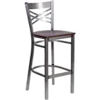 image of Flash Furniture XU-6F8B-CLR-BAR-WALW-GG Hercules Series Restaurant Bar Stool, Metal X Back, Walnut Finish Seat, 18 Gauge Steel Frame