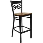 image of Flash Furniture XU-6F8BXBK-BAR-CHYW-GG Hercules Series Restaurant Bar Stool, Metal X-Back, Cherry Finish Plywood Seat, Black Powder Coated Steel Frame
