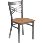 image of Flash Furniture XU-6FOB-CLR-NATW-GG Hercules Series Restaurant Chair, Metal X Back, Natural Wood Seat, Clear Coat Steel Frame