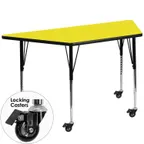image of Flash Furniture XU-A2448-TRAP-YEL-H-A-CAS-GG 46" Trapezoid Activity Table, Yellow Laminate Top, 25" Depth, Adjustable Height