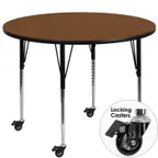 image of Flash Furniture XU-A42-RND-OAK-H-A-CAS-GG 42" Round Adjustable Height Activity Table, Oak Laminate Top, Black Powder Coated Steel Legs
