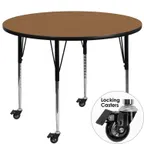 image of Flash Furniture XU-A42-RND-OAK-T-A-CAS-GG 42" Round Adjustable Height Activity Table, Oak Laminate Top, Black Edge, Tubular Steel Legs