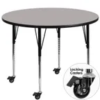 image of Flash Furniture XU-A48-RND-GY-H-A-CAS-GG 48" Round Gray Laminate Activity Table, Adjustable Height 22-30", Black Powder Coated Steel Legs