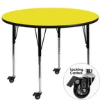 image of Flash Furniture XU-A48-RND-YEL-H-A-CAS-GG 48" Round Yellow Laminate Activity Table, Adjustable Height 22-30.5", Black Steel Legs