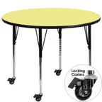 image of Flash Furniture XU-A48-RND-YEL-T-A-CAS-GG 48" Round Yellow Laminate Activity Table, Adjustable Height 22-1/4" to 30-2/5", Black Edge Band, Tubular Steel Legs
