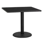 image of Flash Furniture XU-BLKTB-3636-TR24-GG 36x36 Square Black Laminate Dining Table, 31.125H, MDF Top, PVC Edge, Round Cast Iron Base