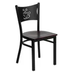 image of Flash Furniture XU-DG-60099-COF-MAHW-GG Hercules Series Restaurant Chair, Metal Back with Coffee Cutout, Mahogany Wood Seat, Black Steel Frame