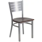 image of Flash Furniture XU-DG-60401-WALW-GG Hercules Series Restaurant Chair, Metal Cutout Slat Back, Walnut Finish Wood Seat, Silver Powder Coated Steel Frame