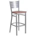 image of Flash Furniture XU-DG-60402-BAR-CHYW-GG Hercules Series Restaurant Bar Stool, Metal Slat Back, Cherry Finish Wood Seat, Silver Powder Coated Steel Frame