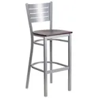 image of Flash Furniture XU-DG-60402-BAR-MAHW-GG Hercules Series Restaurant Bar Stool, Metal Slat Back, Mahogany Finish Wood Seat, Silver Powder Coated Steel Frame