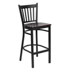 image of Flash Furniture XU-DG-6R6B-VRT-BAR-MAHW-GG Hercules Series Restaurant Bar Stool, Metal Slat Back, Mahogany Wood Seat, Black Powder Coated Steel Frame