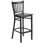 image of Flash Furniture XU-DG-6R6B-VRT-BAR-WALW-GG Hercules Series Restaurant Bar Stool, Metal Slat Back, Walnut Finish Wood Seat, Black Powder Coated Steel Frame