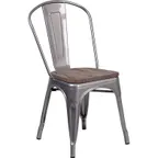 image of Flash Furniture XU-DG-TP001-WD-GG Stacking Side Chair, 500 lb, Metal Back, Wood Seat, Distressed Silver Finish