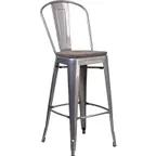 image of Flash Furniture XU-DG-TP001B-30-WD-GG 30.5" Bar Stool, Metal Slatted Back, Wood Seat, 500 lb, Silver