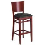 image of Flash Furniture XU-DG-W0094BAR-MAH-BLKV-GG Lacey Series Restaurant Bar Stool, Solid Wood Back, Black Vinyl Upholstered Seat, Mahogany Finish