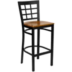 image of Flash Furniture XU-DG6R7BWIN-BAR-CHYW-GG Hercules Series Restaurant Bar Stool, Metal Grid Back, Cherry Finish Plywood Seat, Black Powder Coated Steel Frame