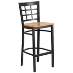 image of Flash Furniture XU-DG6R7BWIN-BAR-NATW-GG Hercules Series Restaurant Bar Stool, Metal Grid Back, Natural Wood Seat, Black Powder Coated Steel Frame