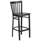image of Flash Furniture XU-DG6R8BSCH-BAR-WALW-GG Hercules Series Restaurant Bar Stool, Metal Slat Back, Walnut Finish Plywood Seat, Black Powder Coated Steel Frame