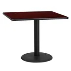 image of Flash Furniture XU-MAHTB-3636-TR24-GG 36x36 Square Mahogany Laminate Dining Table, 31-1/8H, Pedestal Base, Black PVC Edge