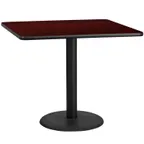 image of Flash Furniture XU-MAHTB-4242-TR24-GG 42x42 Square Pedestal Dining Table, Mahogany Laminate, Black PVC Edge, 24 Dia. Base