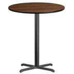 image of Flash Furniture XU-RD-36-WALTB-T3030B-GG 36" Round Walnut Laminate Bar Height Table, 43-1/8"H, MDF Top, Black PVC Edge, Four Point X-Base