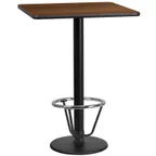 image of Flash Furniture XU-WALTB-2424-TR18B-3CFR-GG 24" Square Walnut Laminate Bar Height Table, 43"H, MDF Top, Black PVC Edge, Cast Iron Base