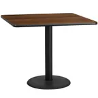 image of Flash Furniture XU-WALTB-4242-TR24-GG 42x42 Square Walnut Laminate Dining Table, Pedestal Base, Black PVC Edge, Commercial Grade
