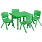image of Flash Furniture YU-YCX-0023-2-SQR-TBL-GREEN-E-GG Preschool Activity Table Set, 24x24, Adjustable Height, Green Plastic Top, 220 lb Capacity, 4 Stacking Chairs