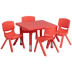 image of Flash Furniture YU-YCX-0023-2-SQR-TBL-RED-E-GG Preschool Activity Table Set, 24x24, Red, 220 lb, Adjustable Height, 4 Chairs